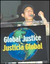 Oscar Olivera, from the Cochabamba Federation of Factory Workers and the Coalition in Defence of Water and Life, speaking last week at the People's Gala for Global Justice, Miami.