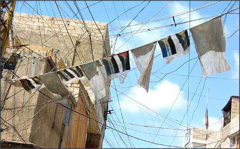 Palestinian flags woven into the electricity wires hanging over the streets of Ein el-Hilweh (Photo by Stefan Christoff)