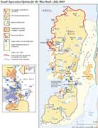 Click here for a larger version map of the effects that the 'apartheid barrier' will have on Palestinian lands.