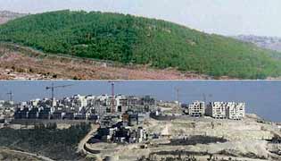 Before and After: Jabal Abu Ghneim in 1997 and in 2001 with the beginnings of a new armed Israeli settlement.