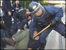 With the streets flooded with demonstrators possessed with criminally peaceful intentions, this San Francisco policeman has good reason to be frightened.